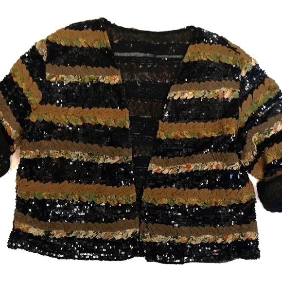 80s oversized silk striped sequins embroidered black collarless jacket - Picture 1 of 12